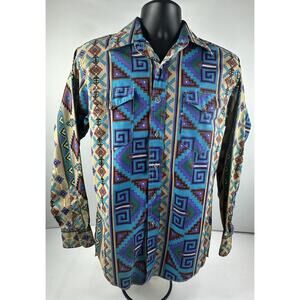 VTG Wrangler Cowboy Rodeo Western Aztec Button Down Shirt Sz Large Made in USA
